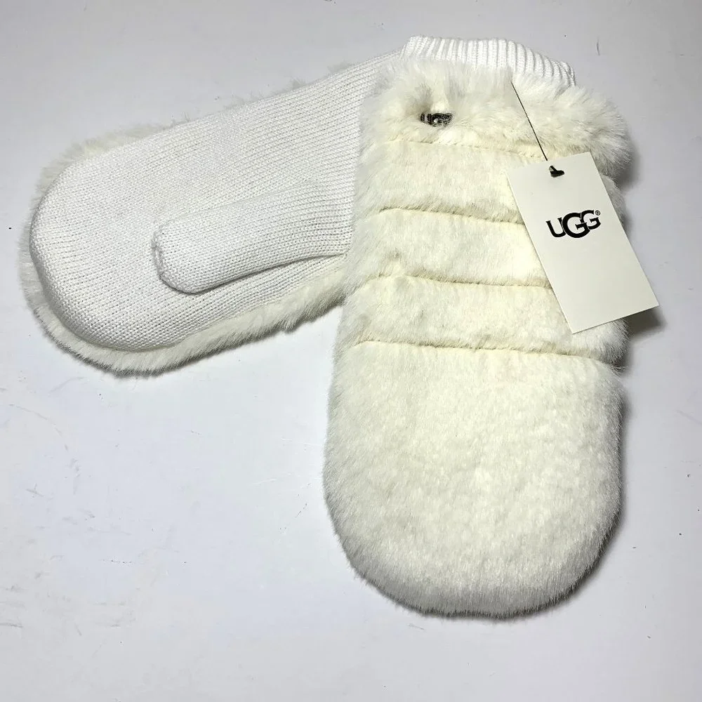 UGG All Over Faux Fur Quilted Mittens Ivory Size Large / X-Large NEW